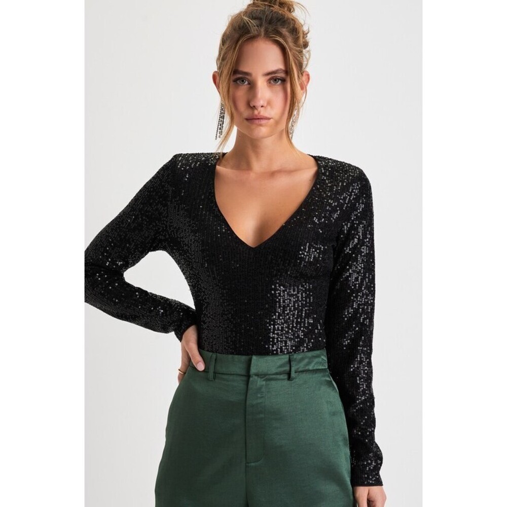 Lulus Sparkling Evenings Black Sequin V-neck Long Sleeve Bodysuit - Size XS